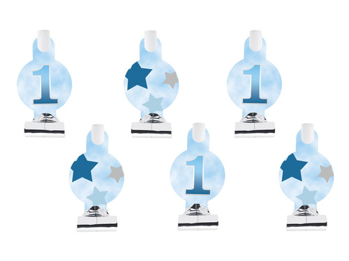 Gwizdki trąbki rozwijane na Roczek niebieskie gwiazdki - 6 szt