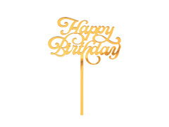 Topper z pleksi na tort Happy Birthday złoty - 1 szt.