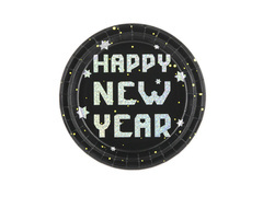 Talerzyki papierowe Happy New Year czarne - 23 cm - 6 szt.