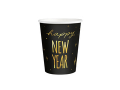 Kubeczki papierowe na Sylwestra Nowy Rok Happy New Year czarne - 220 ml - 6 szt.