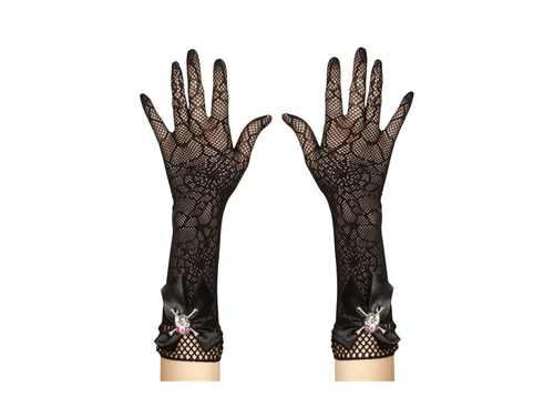 Rękawiczki z czaszką ze strassem i siateczką pająka - 33 cm