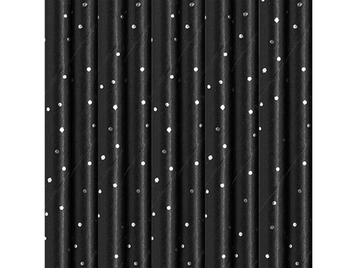 Słomki rurki czarne w srebrne kropki - 10 szt.