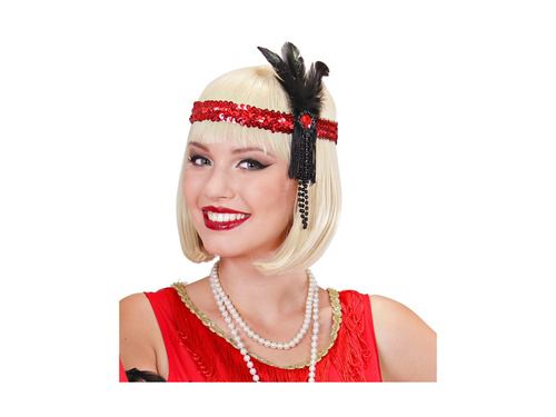 Czerwona cekinowa opaska z piórem i perłami