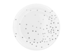 Talerzyki papierowe białe w srebrne groszki - 23 cm - 6 szt.