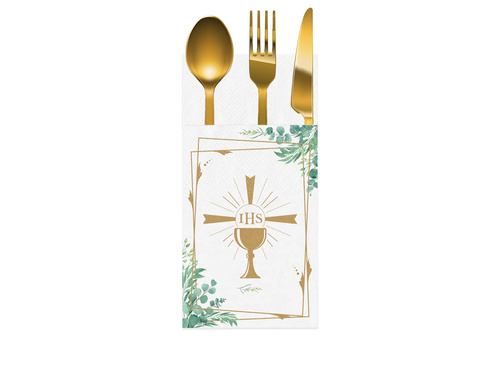 Kieszonki na sztućce komunijne Kielich IHS z zielonymi listkami - 16 szt.