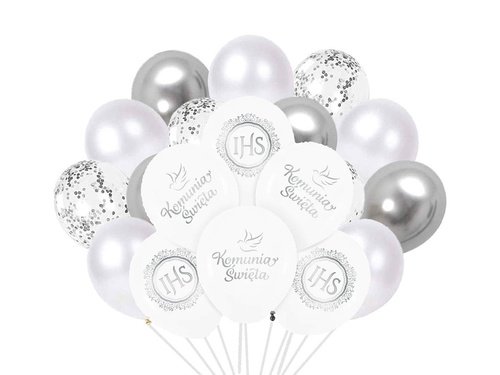 Zestaw balonów komunijnych biało-srebrny - 32 szt.