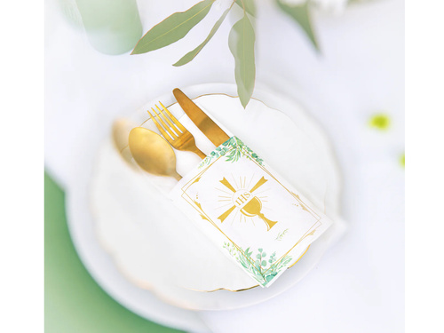 Kieszonki na sztućce komunijne Kielich IHS z zielonymi listkami - 16 szt.