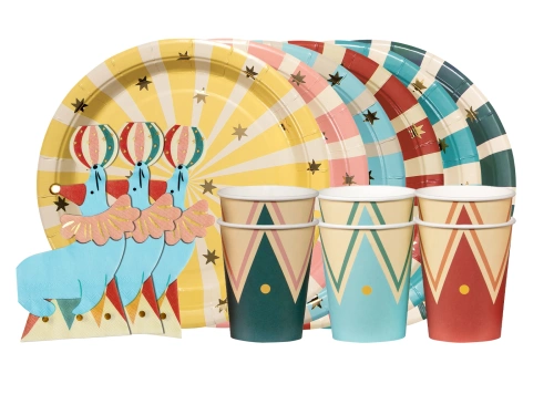 Zestaw kubeczki + talerzyki + serwetki papierowe Cyrk - 36 szt.