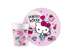 Zestaw kubeczki + talerzyki papierowe na urodziny Hello Kitty - 16 szt.