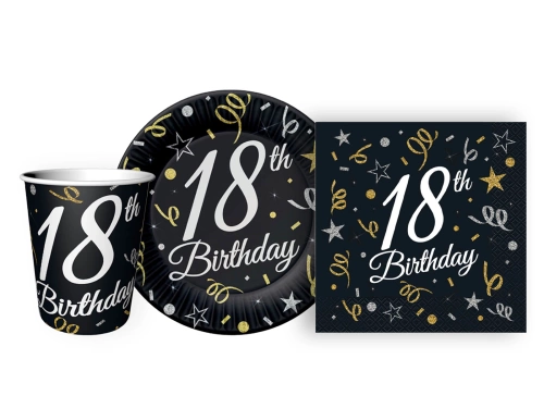 Zestaw kubeczki + serwetki + talerzyki papierowe na 18ste urodziny 44 szt.