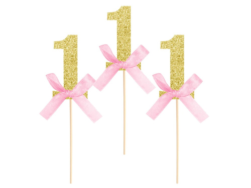 Pikery na muffinki na roczek z różowymi kokardkami - 6 szt.