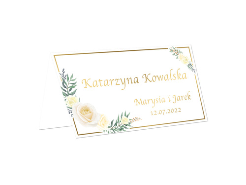 Winietki personalizowane składane z kwiatkiem w kolorze ecru - 15 szt.