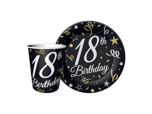 Zestaw kubeczki + serwetki + talerzyki papierowe na 18ste urodziny 24 szt.