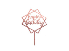 Topper z pleksi na tort Happy Birthday złoty róż - 1 szt.