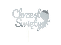 Topper papierowy na tort Chrzest Święty srebrny - 1 szt.