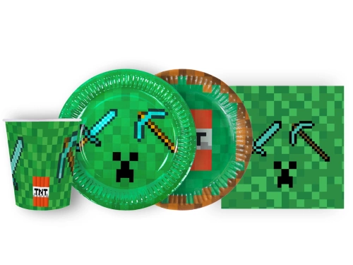 Zestaw kubeczki, serwetki i talerzyki papierowe Piksele - 44 szt.