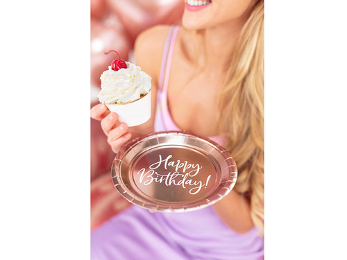 Talerzyki papierowe na urodziny Happy Birthday różowe złoto - 18 cm - 6 szt.