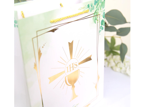 Torebka prezentowa Kielich IHS z zielonymi listkami na I Komunię Świętą mała - 1 szt.