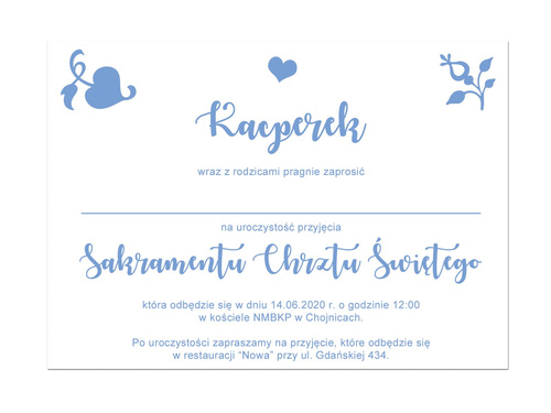 Zaproszenia personalizowane z sercem na chrzest chłopca - 8 szt.