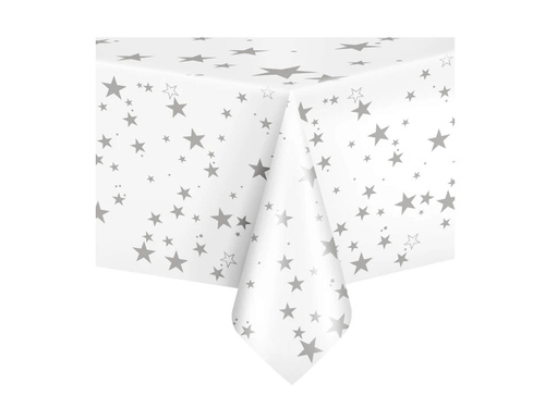 Obrus urodzinowy biały w srebrne gwiazdki - 137 x 274 cm - 1 szt.