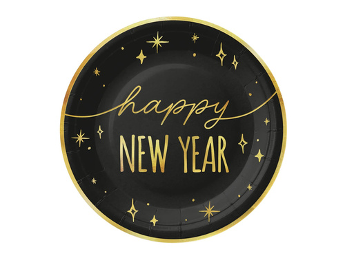 Talerzyki papierowe na Sylwestra Nowy Rok Happy New Year czarne - 18 cm - 6 szt.