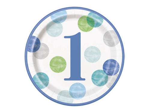Talerzyki papierowe urodzinowe na roczek Kropki - 23 cm - 8 szt.
