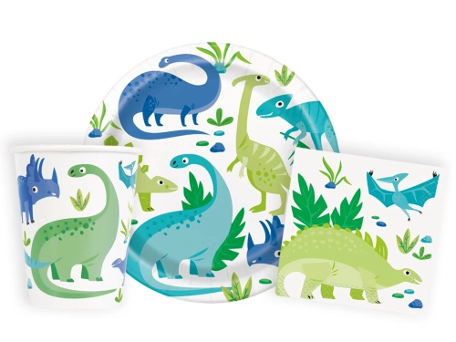 Zestaw kubeczki + talerzyki + serwetki papierowe na urodziny Dinozaury - 32 szt.
