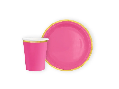 Zestaw kubeczki + talerzyki papierowe różowe ze złotym brzegiem - 12 szt.