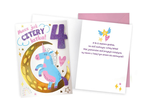 Kartka urodzinowa z kopertą na czwarte urodziny Jednorożec