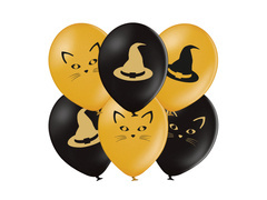 Balony z nadrukiem na Halloween - Czarownica i Kot - 37 cm - 50 szt.