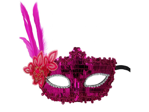 Maska karnawałowa z piórami - fuksja - 1 szt.