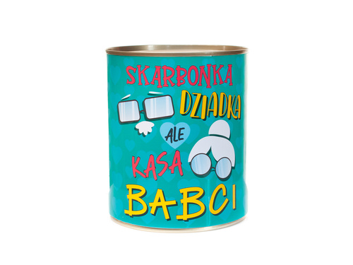 Skarbonka metalowa z napisem Skarbonka Dziadka ale kasa Babci