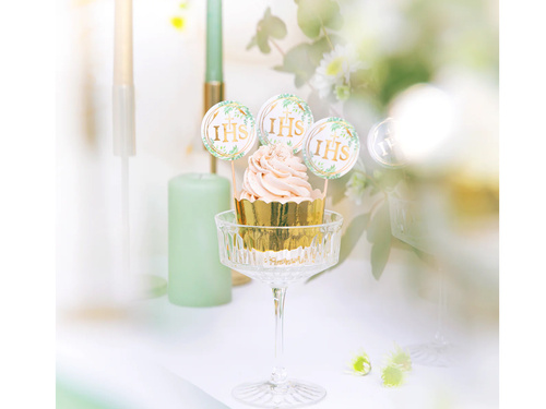 Pikery na tort IHS z zielonymi listkami na I Komunię Świętą - 6 szt.