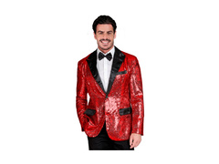 Imprezowa marynarka Party Fashion - czerwona cekinowa z satynowym kołnierzem i kieszeniami