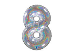 Balon foliowy cyfra 8 brokatowy holograficzny srebrny - 26" - 1 szt.