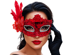 Maska karnawałowa cekinowa z piórami - czerwona - 1 szt.