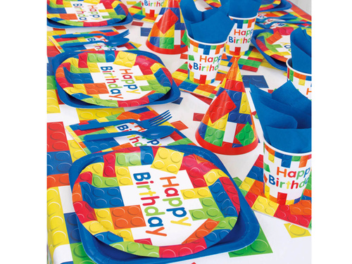 Talerzyki papierowe urodzinowe Klocki - 23 cm - 8 szt.