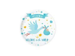 Talerzyki papierowe na Baby Shower Bocian niebieskie - 18 cm - 6 szt.