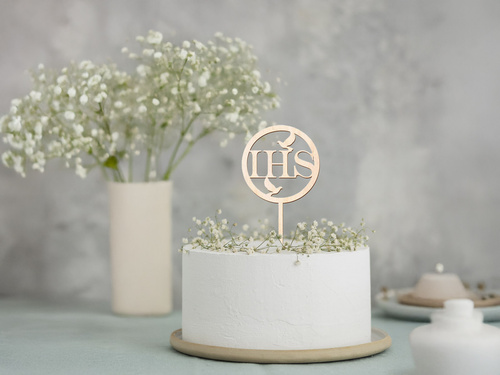 Topper drewniany na tort IHS I Komunia Święta - 1 szt.