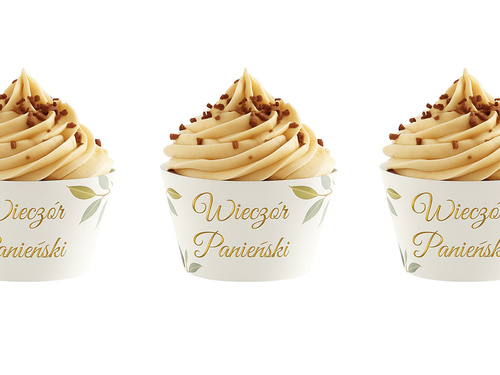 Papilotki na babeczki na wieczór panieński z zielonymi listkami białe - 6 szt.