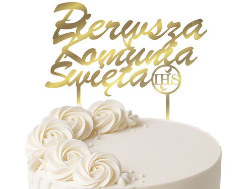 Topper z lustrzanej pleksi złoty na tort Pierwsza Komunia Święta
