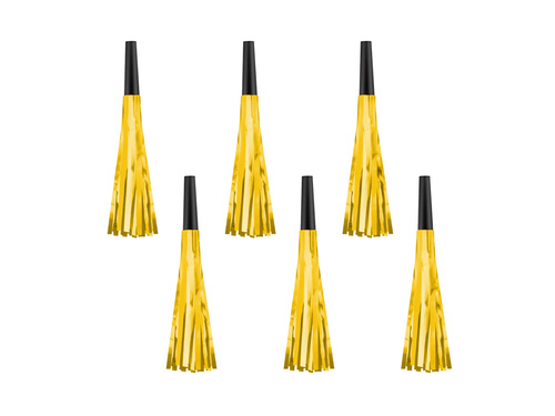 Gwizdki trąbki rozwijane z frędzelkami złote - 6 szt