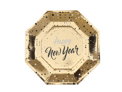 Talerzyki papierowe Happy New Year - złote - 23 cm - 10 szt.