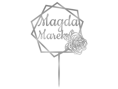 Topper z lustrzanej pleksi srebrny na tort personalizowany na wesele - 18 cm