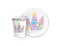 Zestaw kubeczki + talerzyki papierowe Jednorożec - 12 szt.