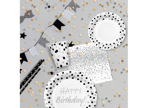 Talerzyki papierowe na urodziny Konfetti srebrno-czarne - 18 cm - 8 szt.