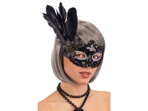 Maska karnawałowa czarna z cekinami i piórami