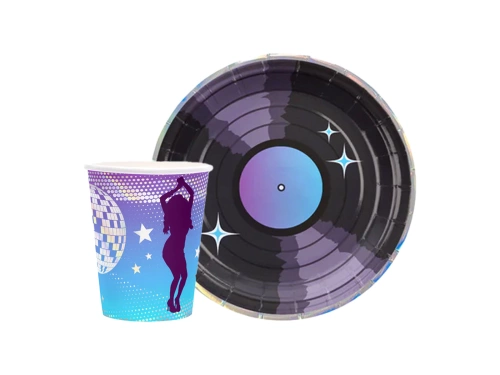 Zestaw kubeczki + talerzyki papierowe Retro Disco lata 60 - 12 szt.