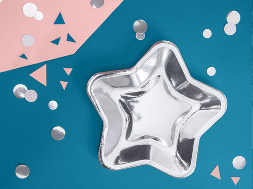 Talerzyki papierowe na urodziny Gwiazda srebrne - 23 cm - 6 szt.
