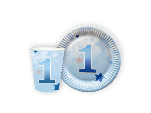 Zestaw kubeczki + talerzyki papierowe na roczek Gwiazdki błękitne - 24 szt.